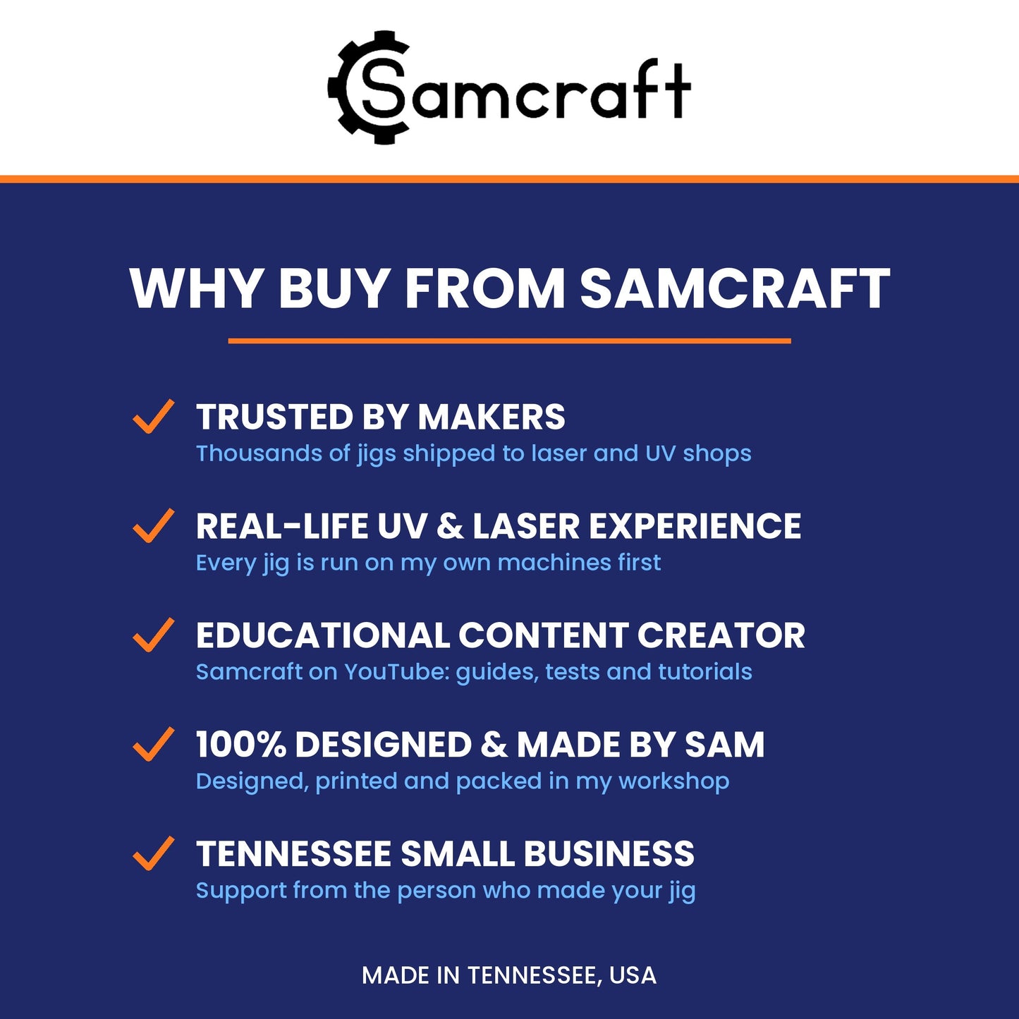"Why Buy From Samcraft" card: trusted by makers, real-life UV and laser experience, educational content creator on YouTube, 100% designed and made by Sam, a Tennessee small business.