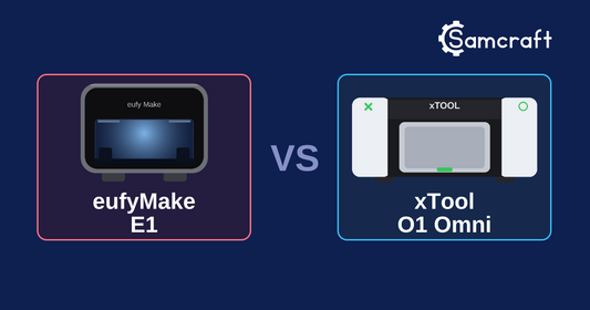 Side-by-side comparison of the eufyMake E1 and xTool O1 Omni desktop UV printers, from Samcraft's independent head-to-head guide.