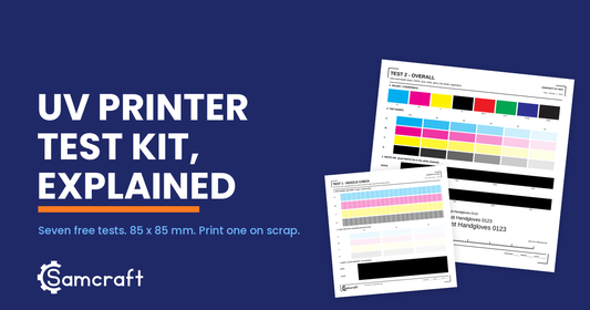 Samcraft UV Printer Test Kit guide cover, showing the Overall and Nozzle Check test cards