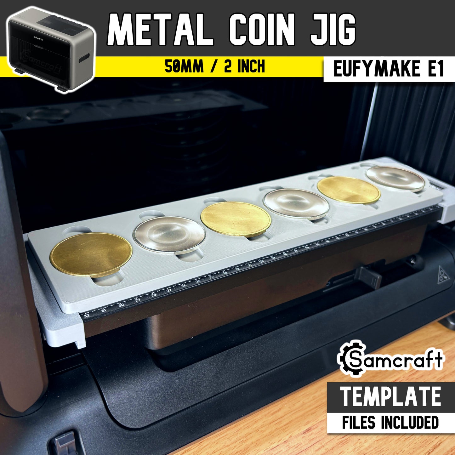 Main product image of the Samcraft Metal Coin Jig (50mm / 2 inch) for the eufyMake E1 UV printer, showing gold and silver metal coin blanks in a gray tray; template files included.