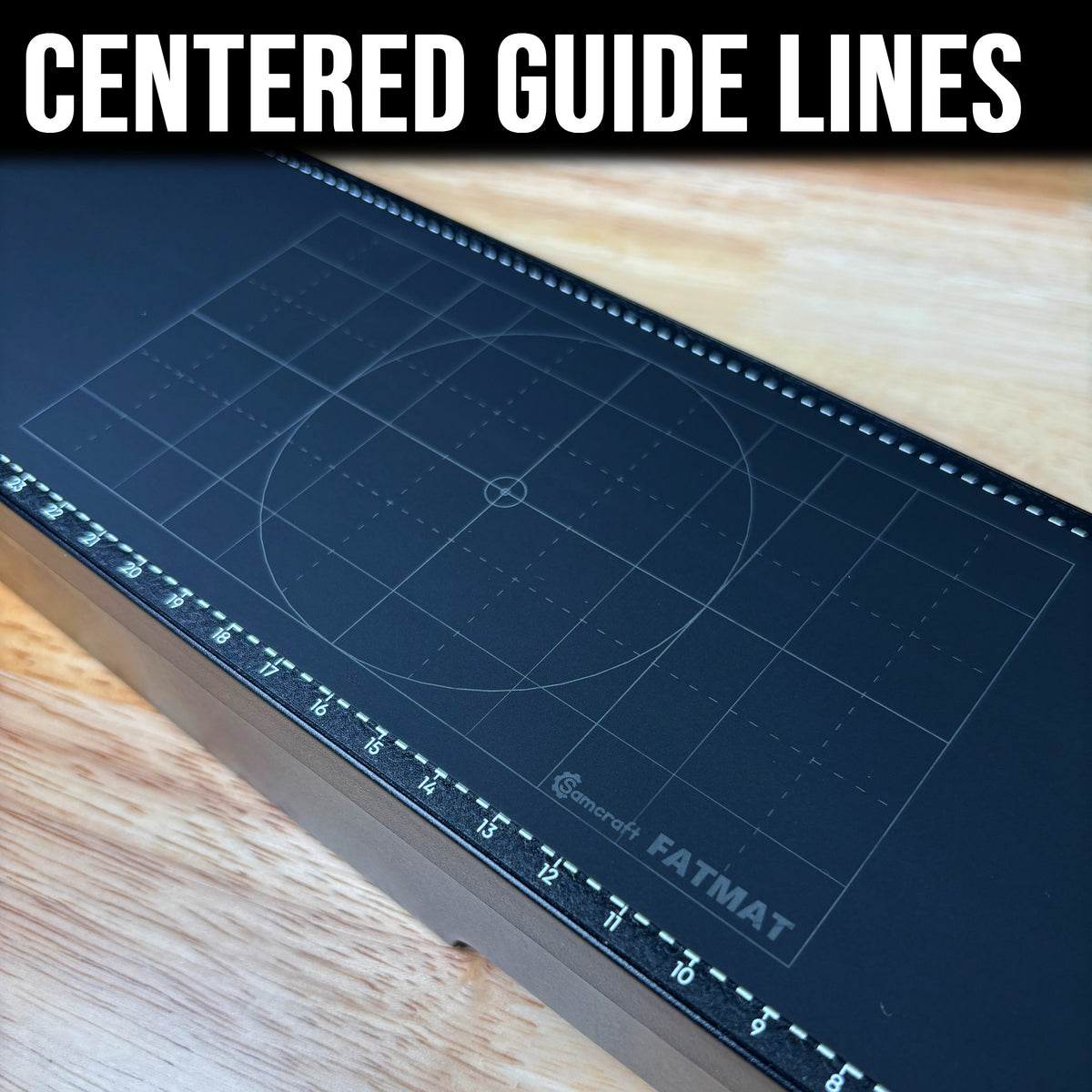 Close-up of the FatMat's centered crosshair guide lines, circle marking and edge ruler scale