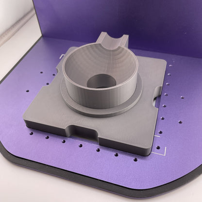Samcraft ball ornament jig on the purple bed of a WeCreat Lumos, showing the centre holder and size-stepped rings.