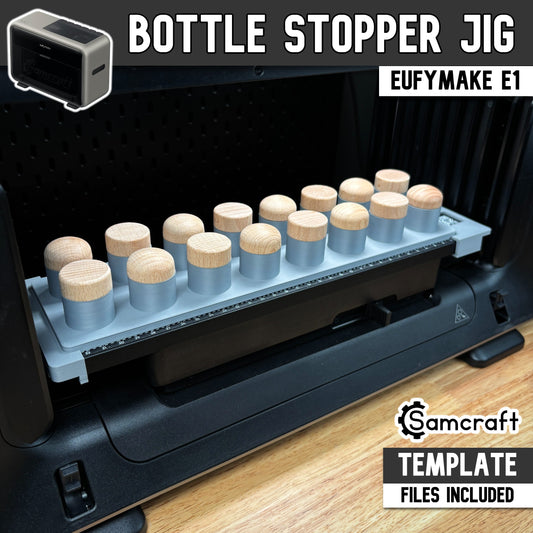 Main product image of the Samcraft Bottle Stopper Jig for the eufyMake E1 UV printer, showing wood-topped bottle stoppers in a gray tray; template files included.