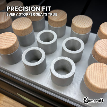 Close-up of the empty rings in the Samcraft xTool Omni bottle stopper jig, each sized so a stopper stands true.