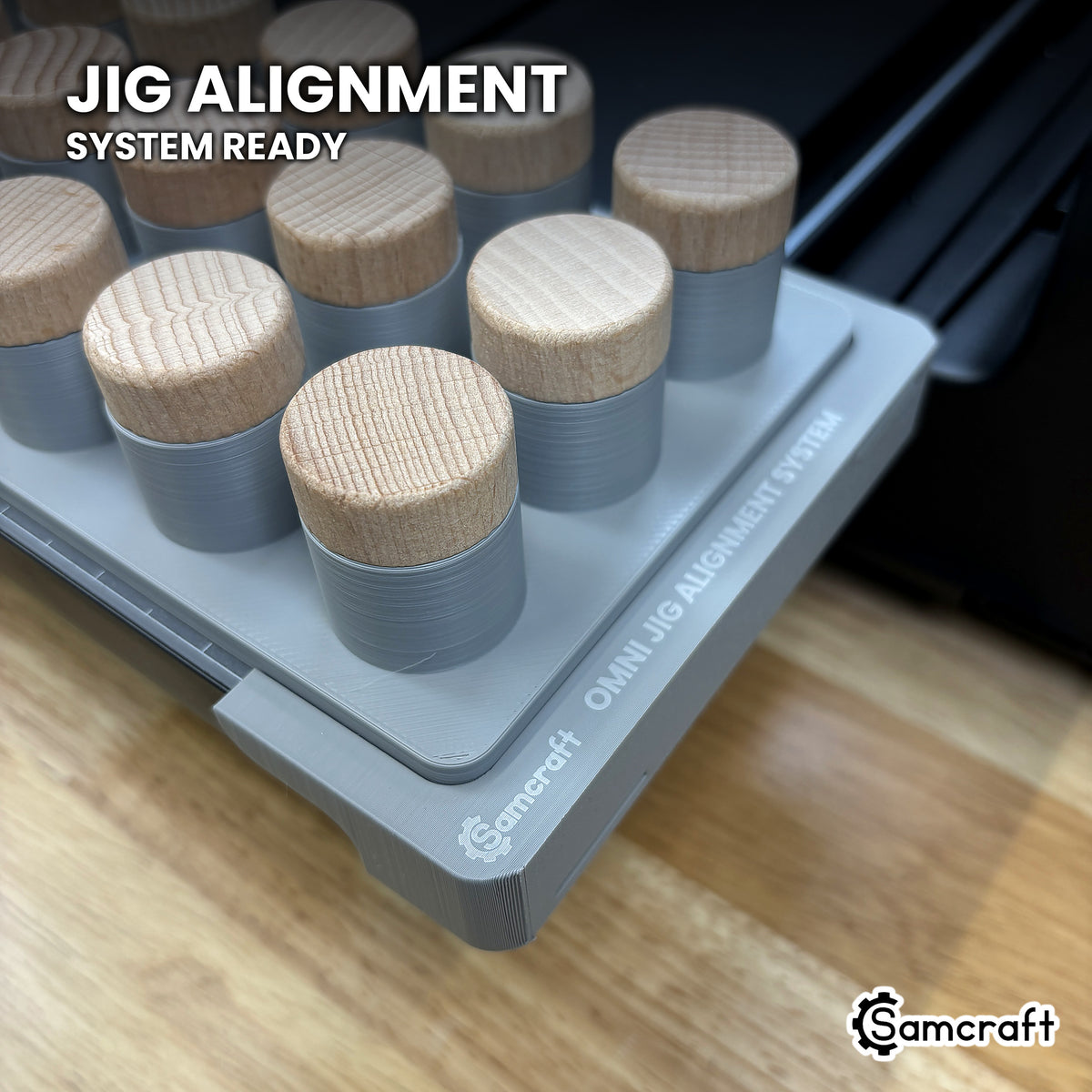 Samcraft bottle stopper jig seated on the optional Samcraft Omni Jig Alignment System, the alignment system lettering visible along the edge.