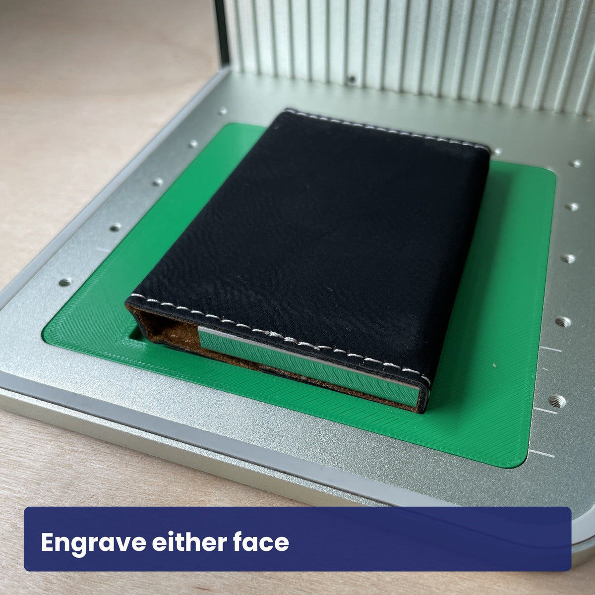 Business card case stood on the Samcraft jig showing the reverse face.