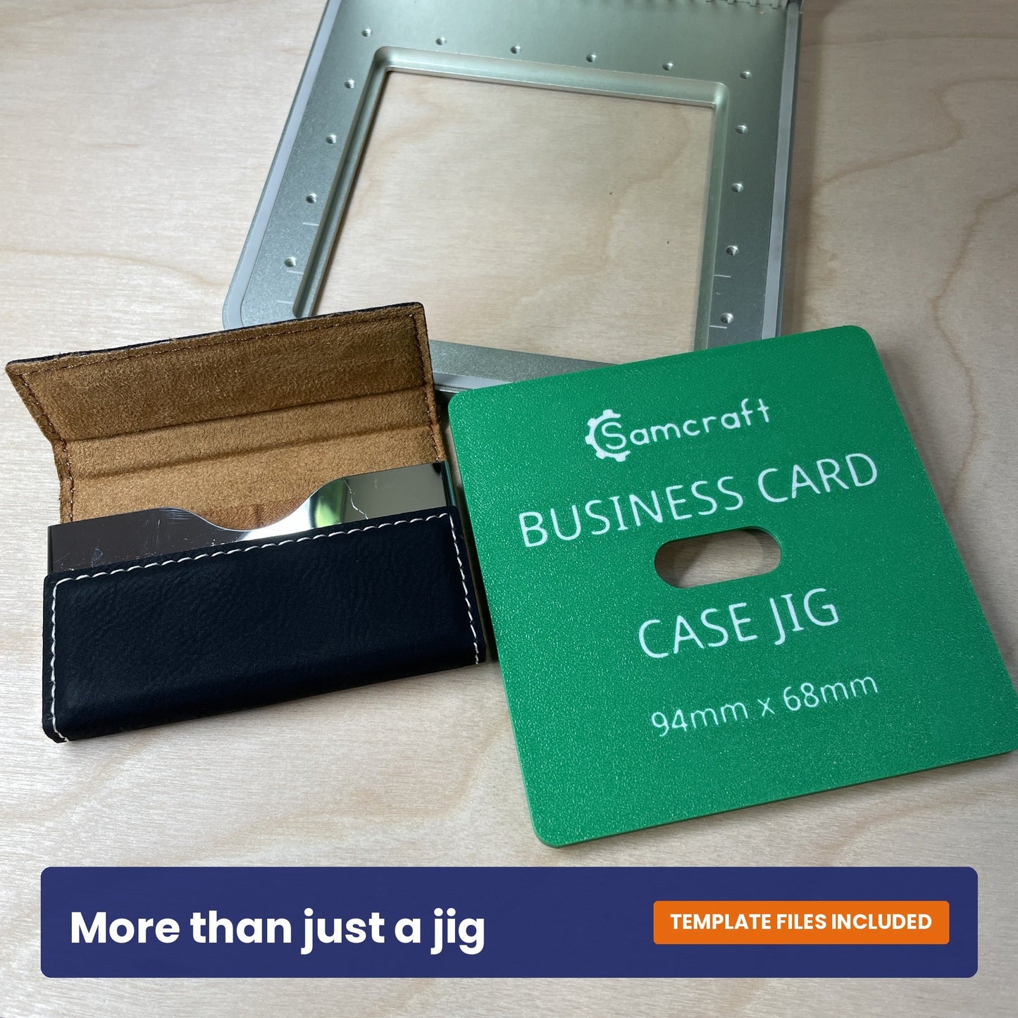 Samcraft business card case jig shown beside an open black leatherette card case.