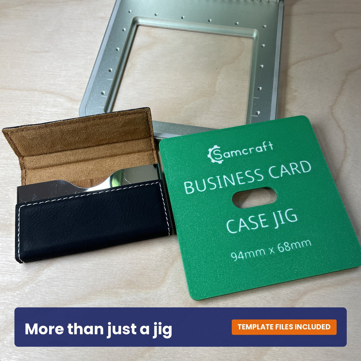 Samcraft business card case jig shown beside an open black leatherette card case.