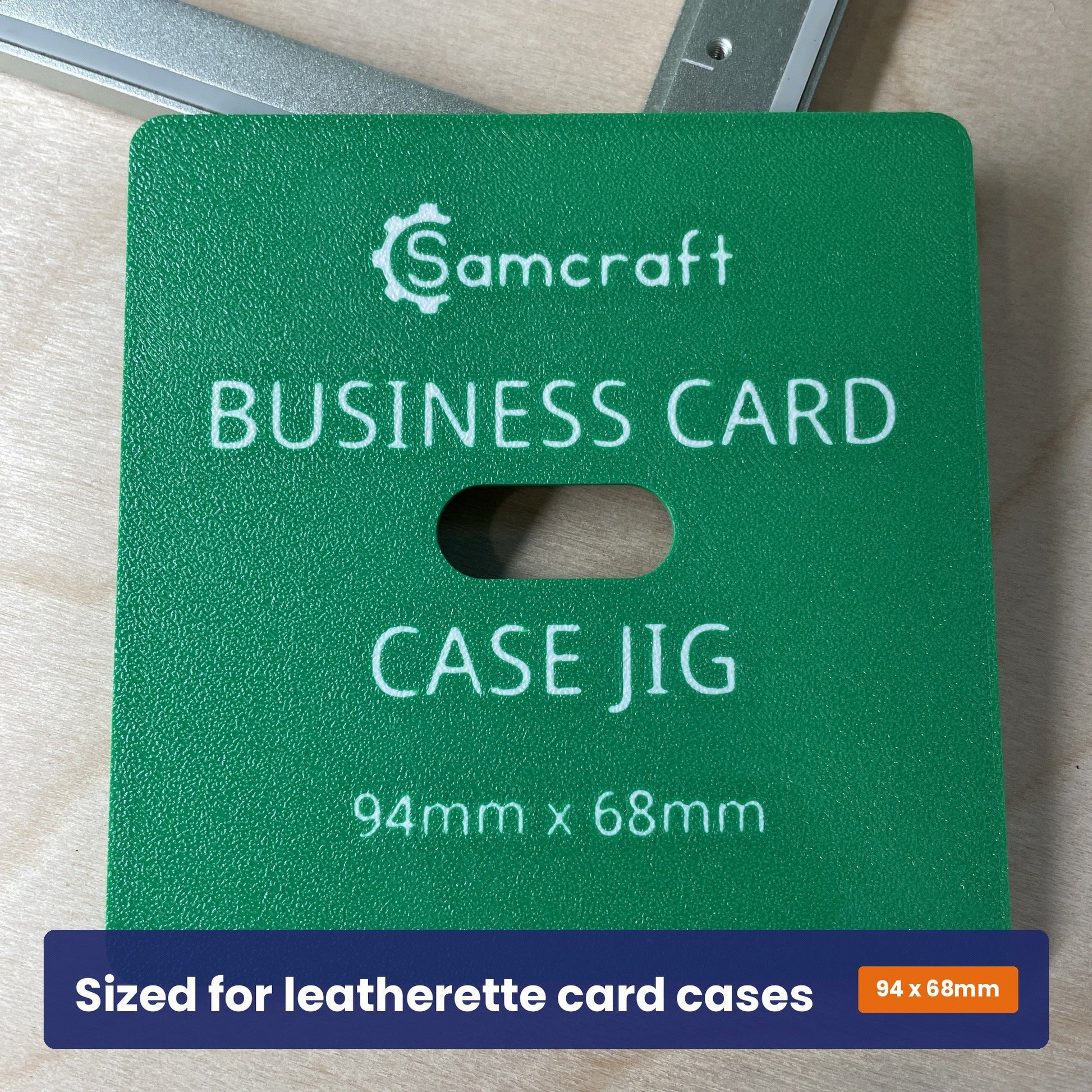 Face of the Samcraft business card case jig showing the Samcraft logo and the 94 by 68 millimetre case size.