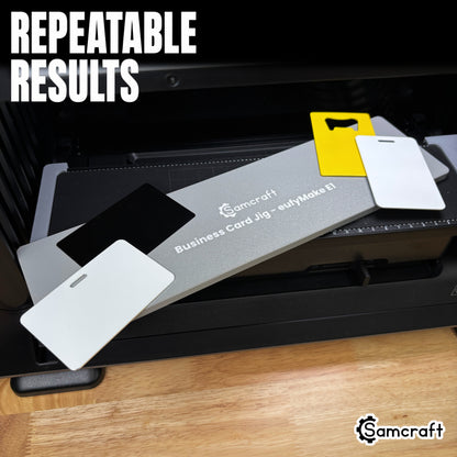Samcraft Business Card Jig for eufyMake E1 tilted to show black, white and yellow cards lifting free of their pockets