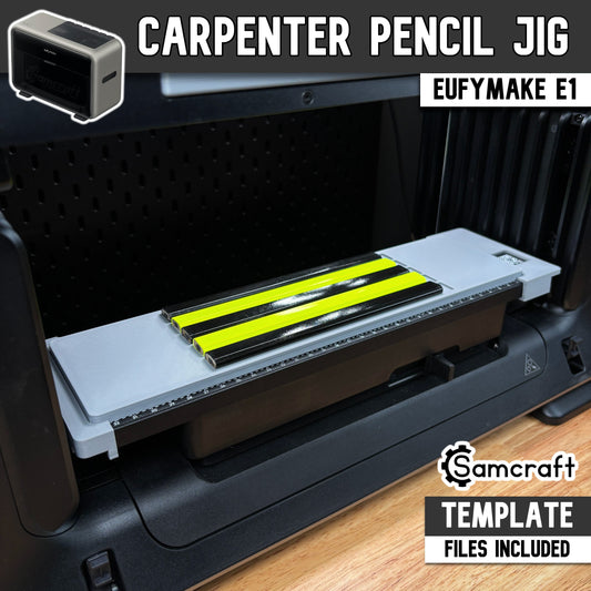 Main product image of the Samcraft Carpenter Pencil Jig for the eufyMake E1 UV printer, showing black and neon yellow carpenter pencils in a gray tray; template files included.