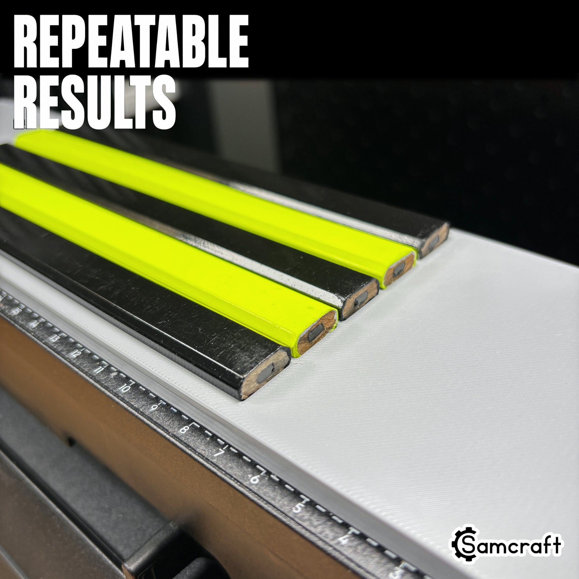 Close-up of black and neon yellow carpenter pencils seated in the Samcraft jig, demonstrating repeatable results and the built-in measurement ruler on the eufyMake E1.