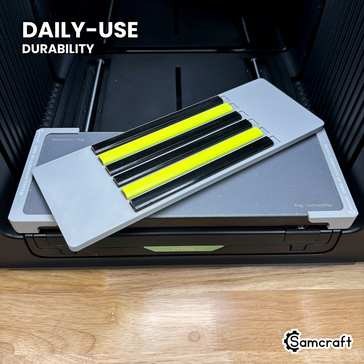 Samcraft carpenter pencil jig in high-temperature rated plastic resting on the Omni Jig Alignment System, built for daily use.