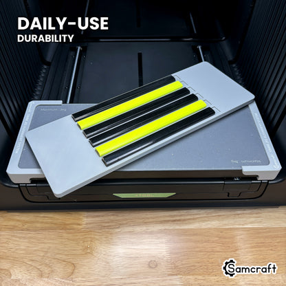 Samcraft carpenter pencil jig in high-temperature rated plastic resting on the Omni Jig Alignment System, built for daily use.