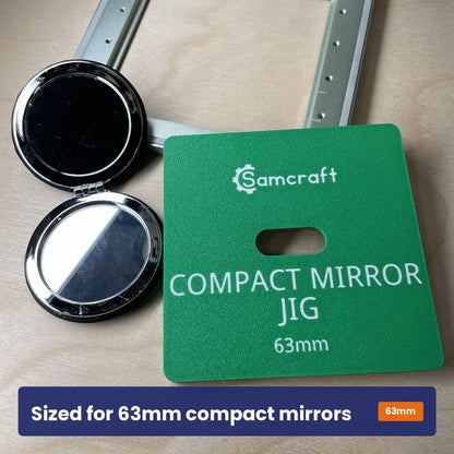 Samcraft compact mirror jig shown beside an open compact mirror, with the 63 millimetre size marked on the jig.