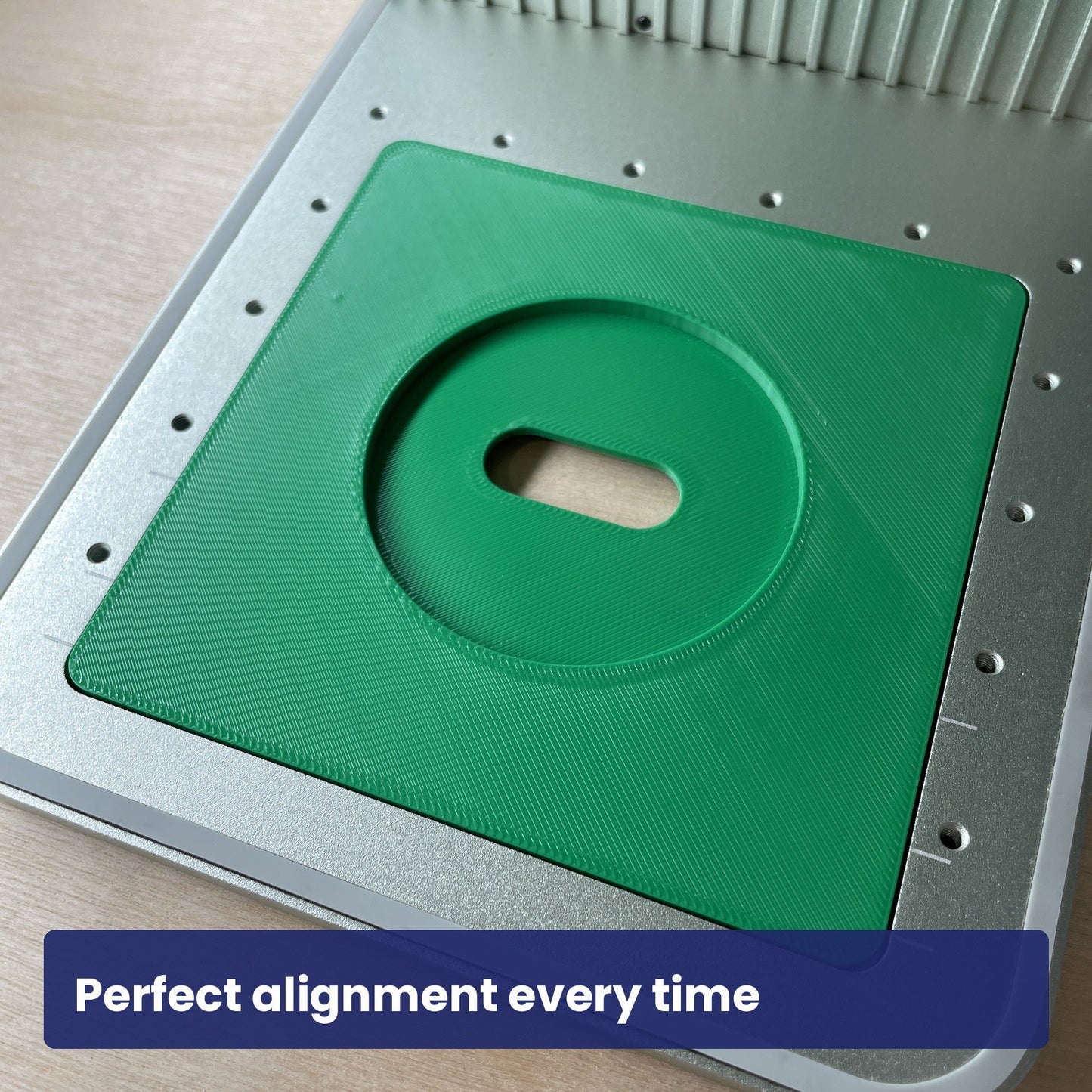 Empty Samcraft compact mirror jig in the xTool F1 bed, showing the circular recess and finger cut-out.