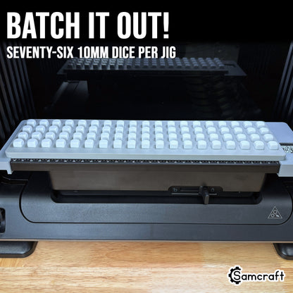 Samcraft 10mm Dice Jig holding a full batch of 76 white 10mm dice inside the eufyMake E1 UV printer