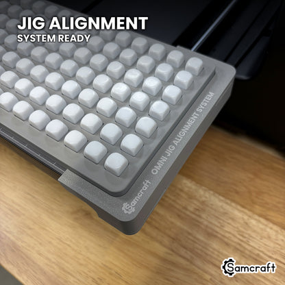 Close-up of the Samcraft 10mm dice jig seated on the Omni Jig Alignment System, the alignment system lettering visible along the edge.
