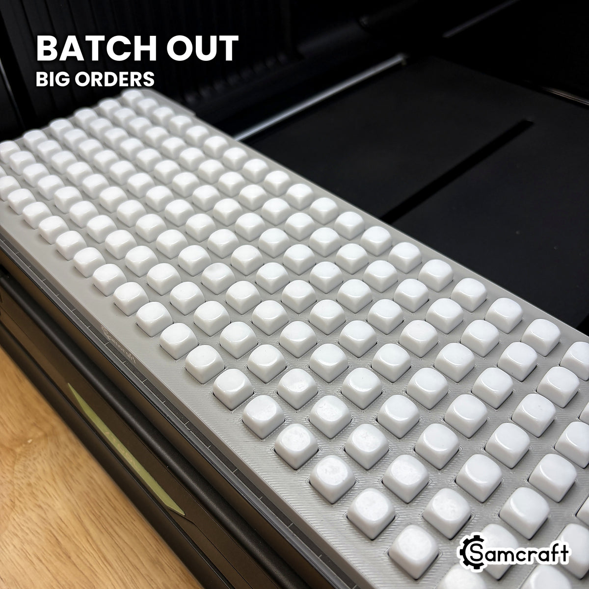 Tight view across the Samcraft 10mm dice jig packed with blank dice, showing the batch volume a single run covers.