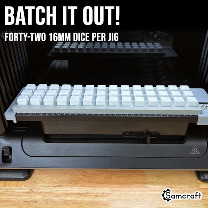 Samcraft 16mm Dice Jig holding a full batch of 42 white 16mm dice inside the eufyMake E1 UV printer