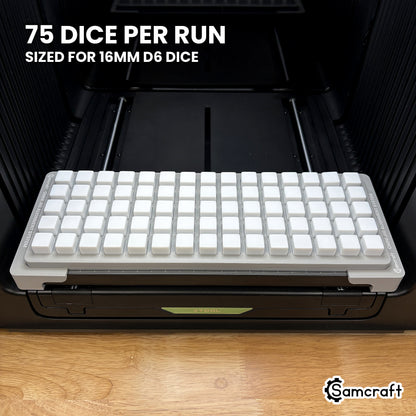 Samcraft 16mm dice jig loaded with 75 blank dice in fifteen columns of five, a full production run in a single pass on the xTool Omni.