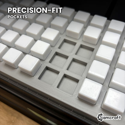 Close-up of the empty square pockets in the Samcraft 16mm dice jig, with blank dice seated in the surrounding pockets showing the precision fit.