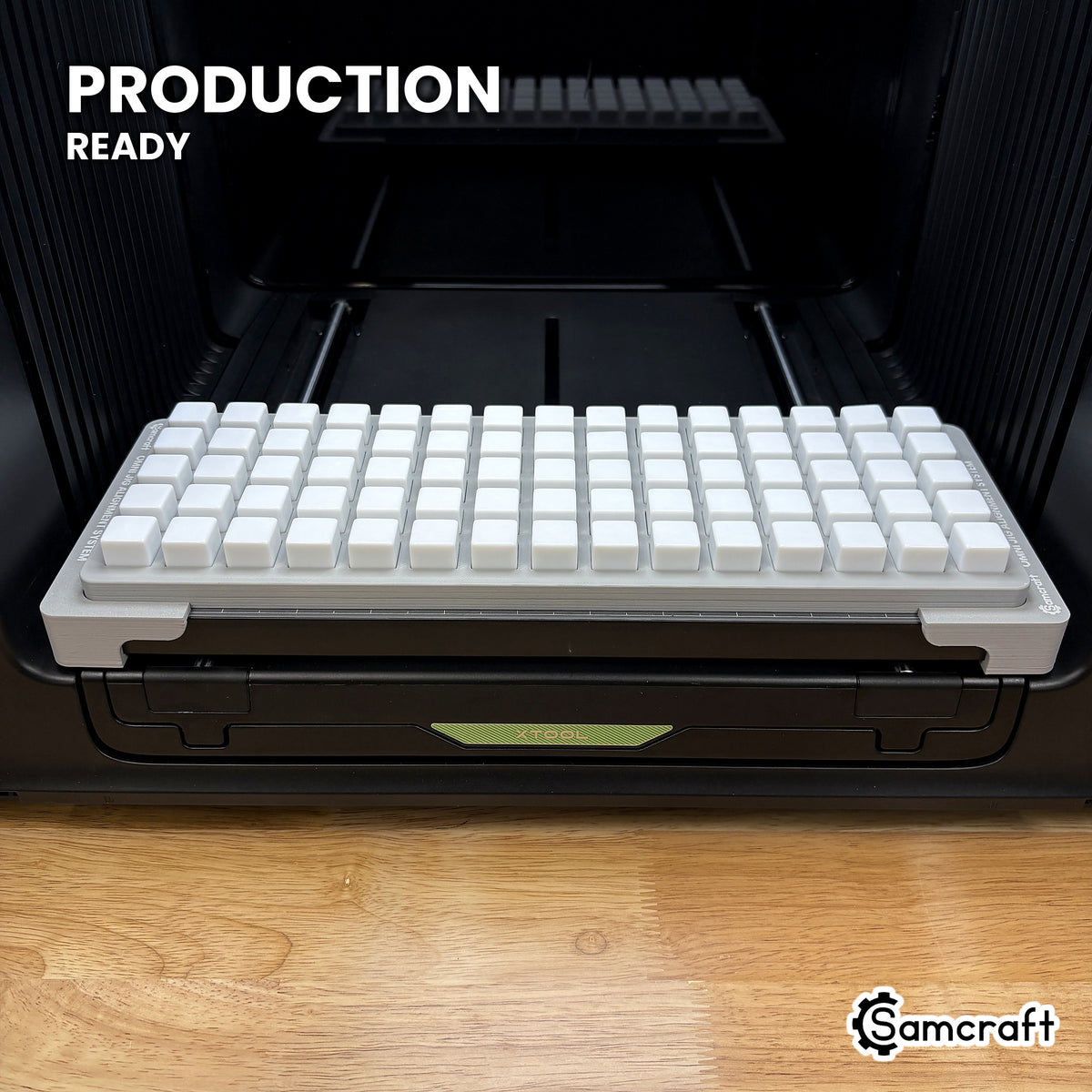 Samcraft 16mm dice jig holding 75 blank dice on the xTool Omni UV printer bed, set up for production runs.
