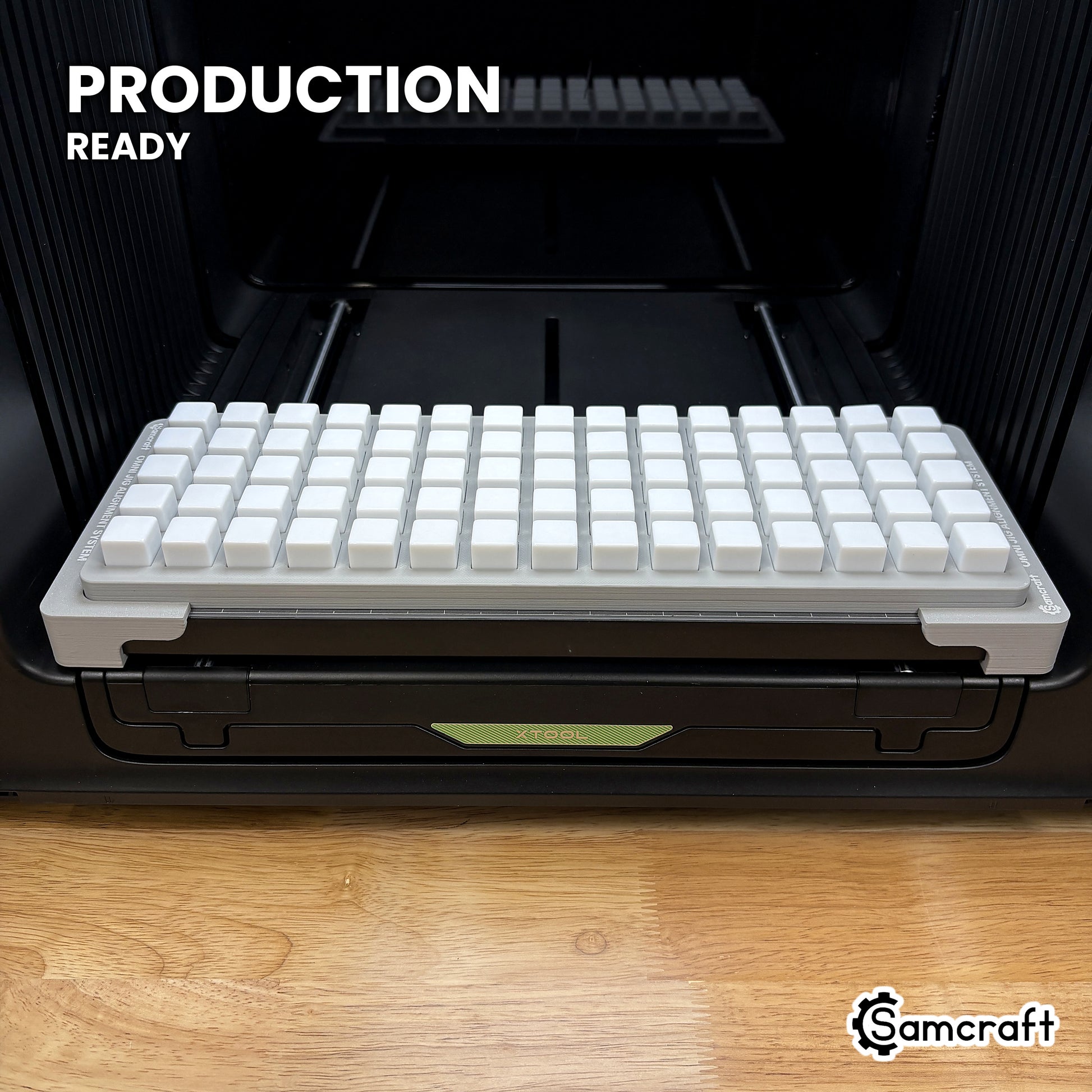Samcraft 16mm dice jig holding 75 blank dice on the xTool Omni UV printer bed, set up for production runs.