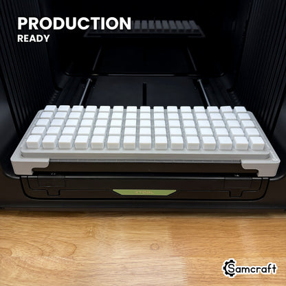 Samcraft 16mm dice jig holding 75 blank dice on the xTool Omni UV printer bed, set up for production runs.