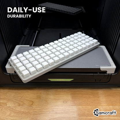 Samcraft 16mm dice jig in high-temperature rated plastic holding a full grid of blank dice on the xTool Omni bed, built for daily-use durability.