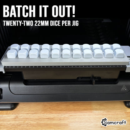 Samcraft 22mm Dice Jig holding a full batch of 22 white 22mm dice inside the eufyMake E1 UV printer