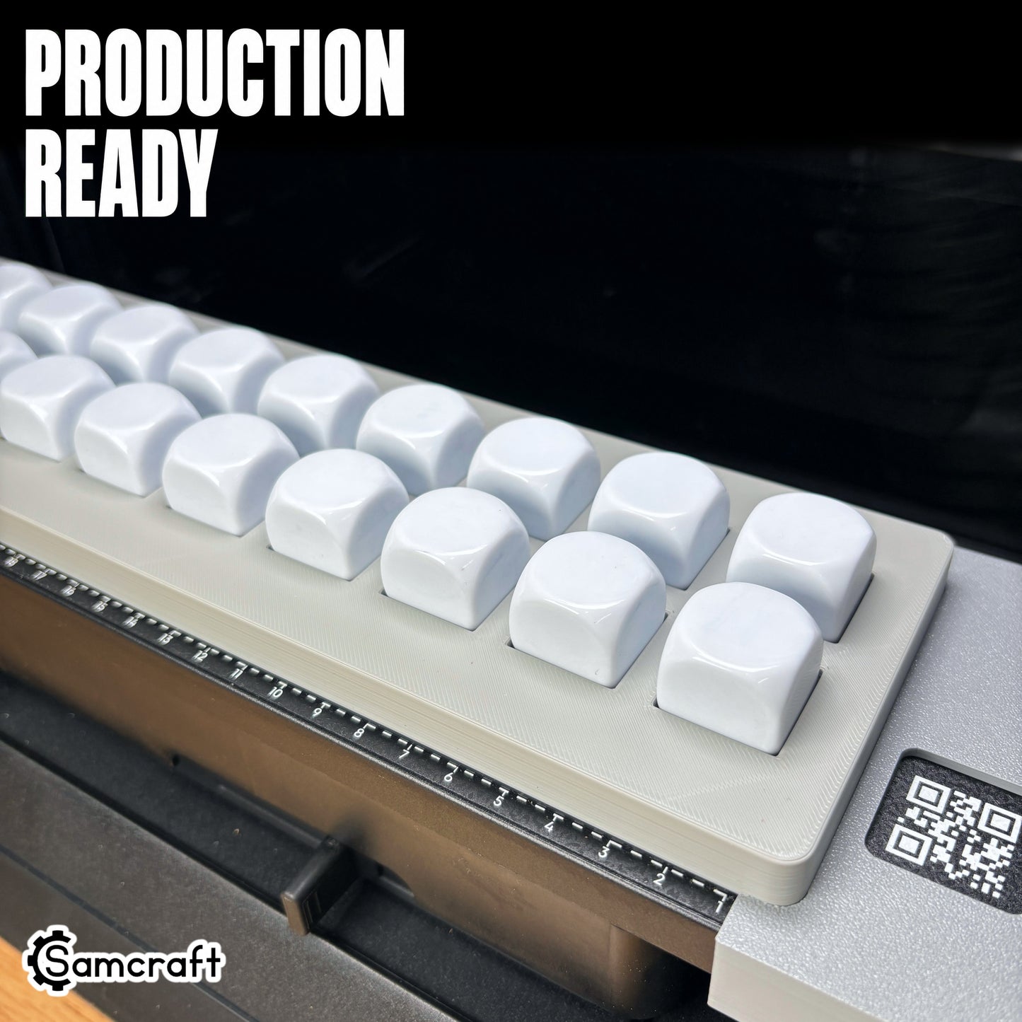 Samcraft 22mm Dice Jig loaded with two rows of white 22mm dice, ready to print