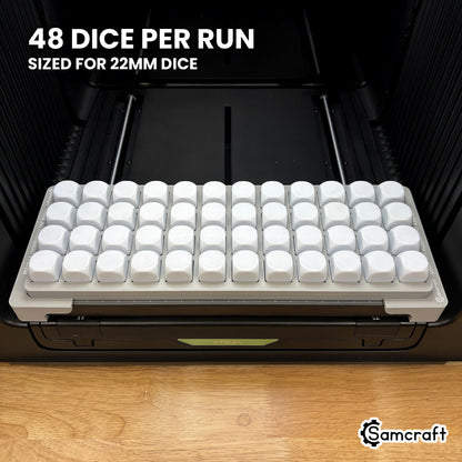 Samcraft 22mm dice jig loaded with 48 blank dice, a full production run in a single pass on the xTool Omni.