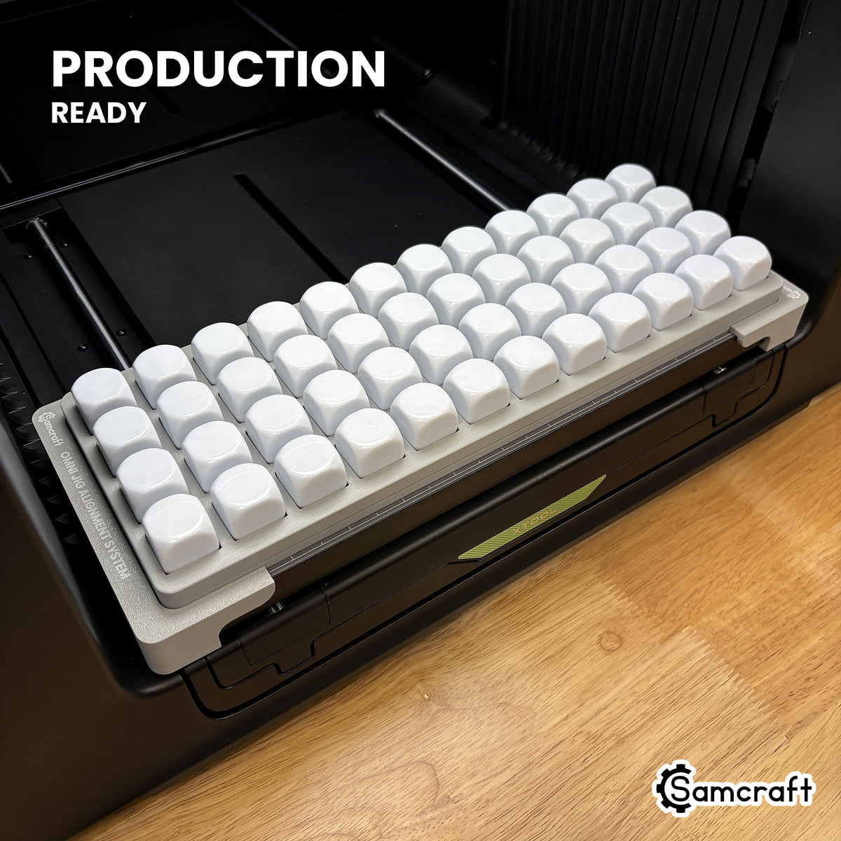 Samcraft 22mm dice jig holding 48 blank dice on the xTool Omni UV printer bed, set up for production runs.