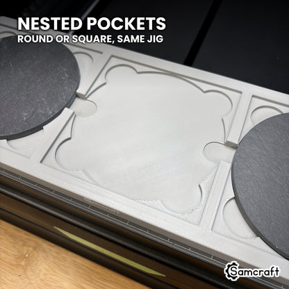 Empty nested pocket in the Samcraft xTool Omni coaster jig, showing the square step and the round recess below it.