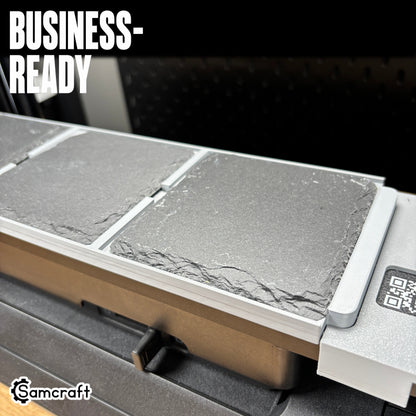 Business-ready Samcraft 4-inch Drink Coaster Jig holding square slate coasters in a gray tray with built-in ruler on the eufyMake E1 UV printer.