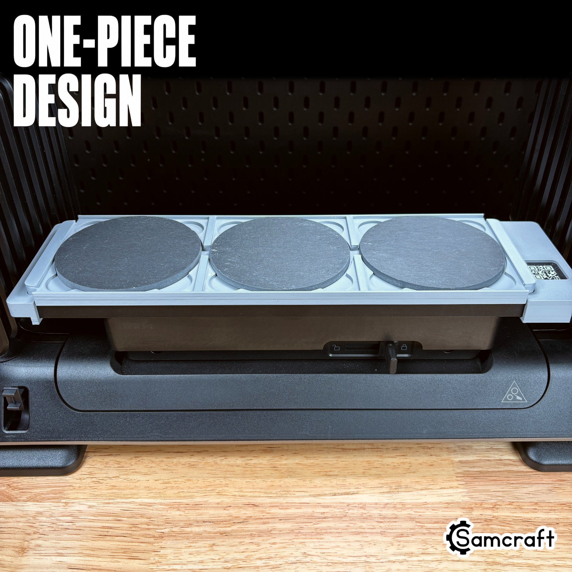 Samcraft 4-inch Drink Coaster Jig holding three round slate coasters in a one-piece gray 3D-printed tray with built-in alignment ruler on the eufyMake E1 UV printer.