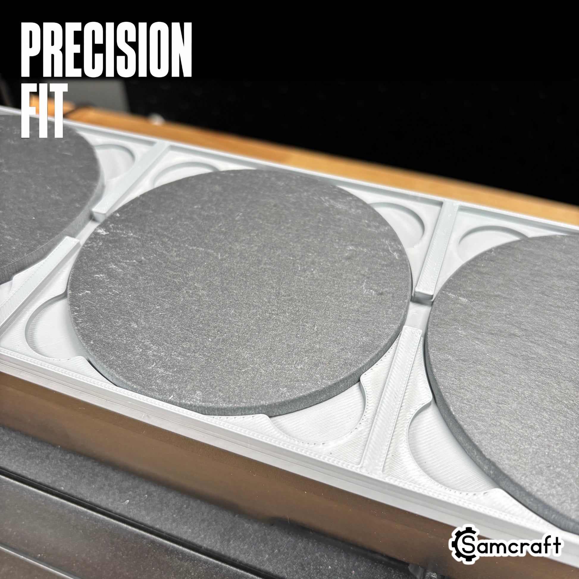 Precision-fit Samcraft 4-inch Drink Coaster Jig holding round slate coasters snugly in the gray tray's recessed pockets on the eufyMake E1.