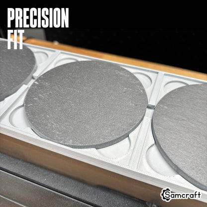 Precision-fit Samcraft 4-inch Drink Coaster Jig holding round slate coasters snugly in the gray tray's recessed pockets on the eufyMake E1.