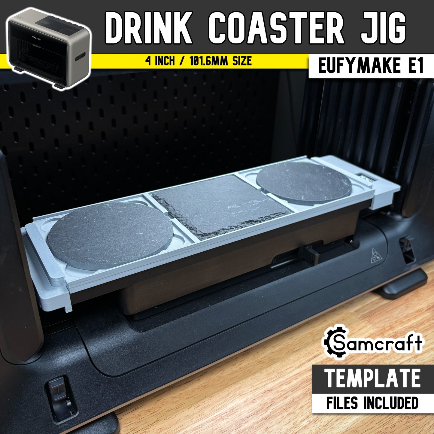 Main product image of the Samcraft 4-inch Drink Coaster Jig (101.6mm) for the eufyMake E1 UV printer, showing round and square slate coasters in a gray tray; template files included.