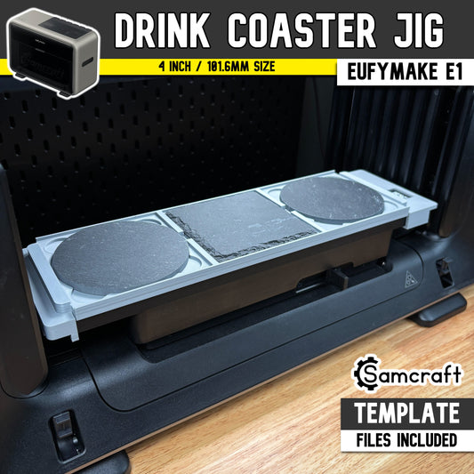 Main product image of the Samcraft 4-inch Drink Coaster Jig (101.6mm) for the eufyMake E1 UV printer, showing round and square slate coasters in a gray tray; template files included.