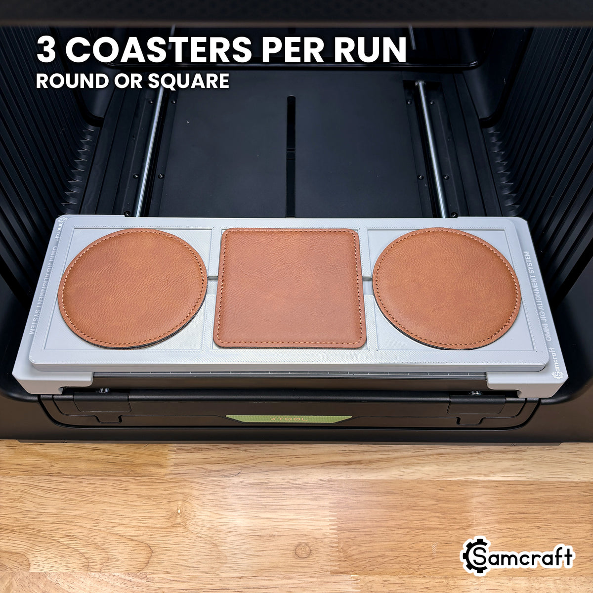 Samcraft 99mm coaster jig for the xTool Omni holding three coasters, a full set printed in one job.