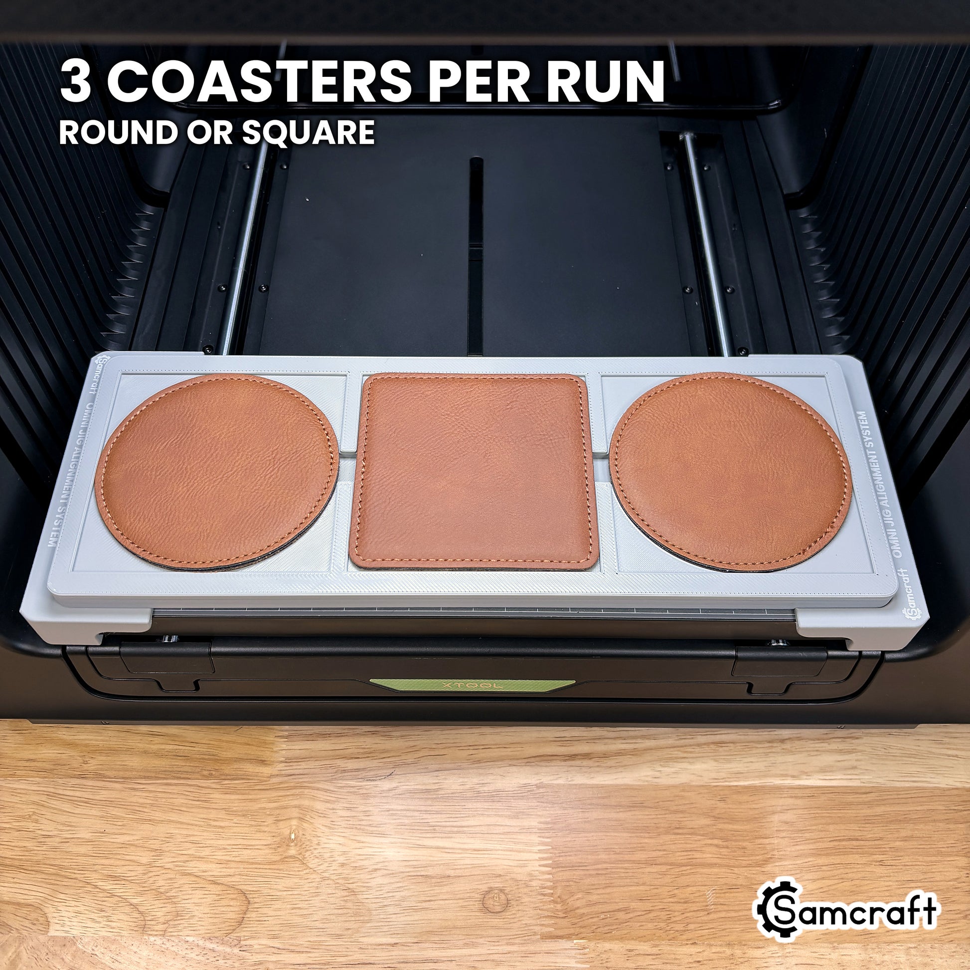 Samcraft 99mm coaster jig for the xTool Omni holding three coasters, a full set printed in one job.