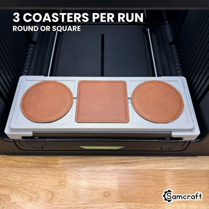 Samcraft 99mm coaster jig for the xTool Omni holding three coasters, a full set printed in one job.