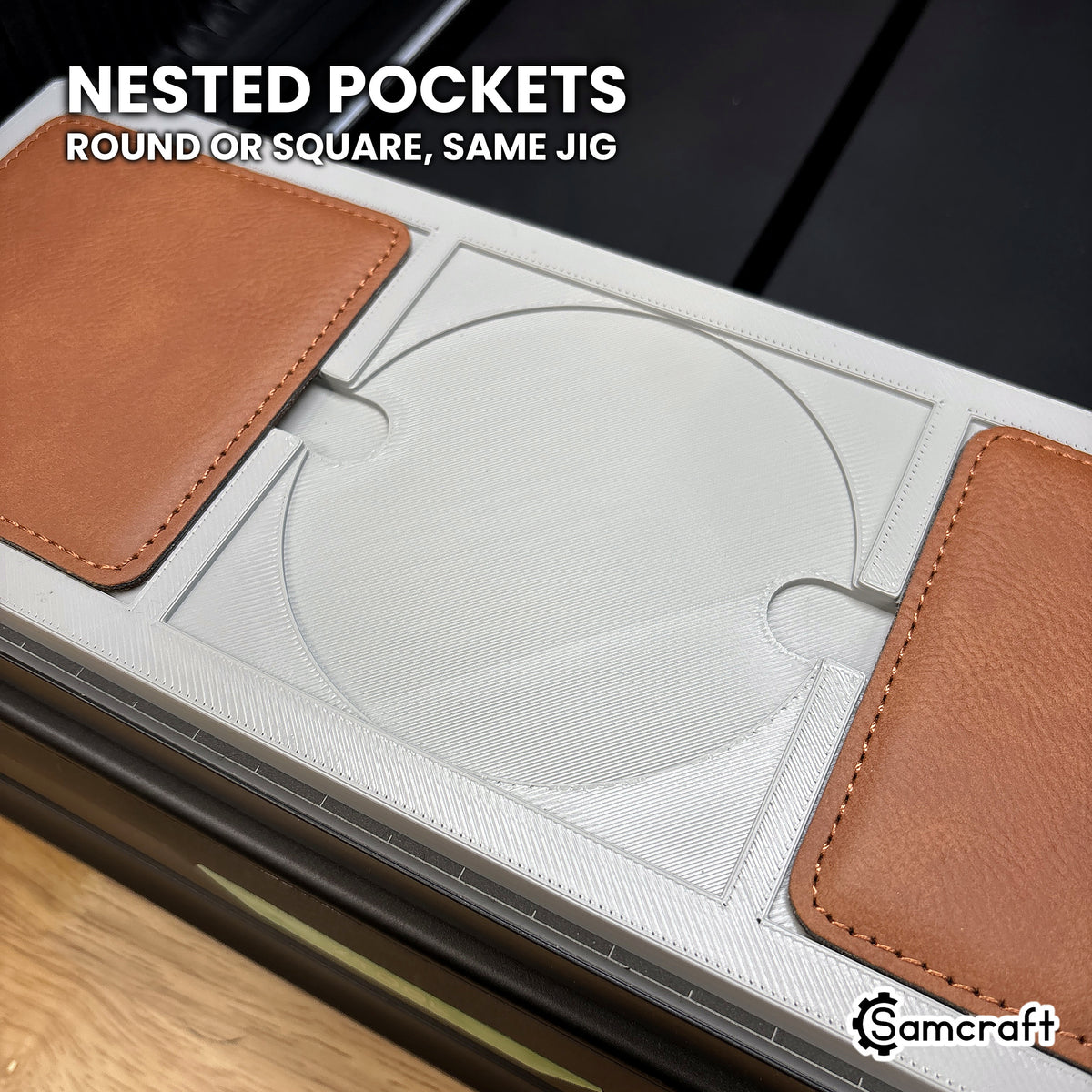 Close-up of the nested pockets in the Samcraft xTool Omni coaster jig, holding both round and square 99mm coasters.