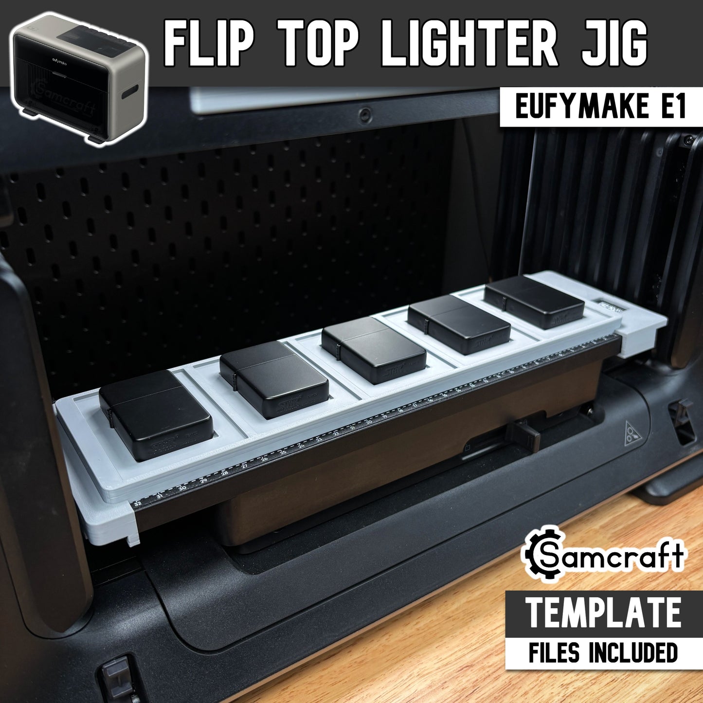 Main product image of the Samcraft Flip Top Lighter Jig for the eufyMake E1 UV printer, showing five matte black flip-top lighters in a gray tray; template files included.