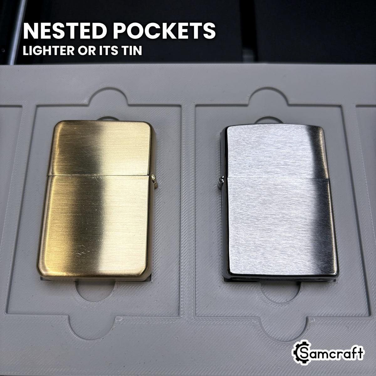 Close-up of the nested pockets in the Samcraft xTool Omni lighter jig, the shallow recess for a gift tin and the deeper one for a lighter.