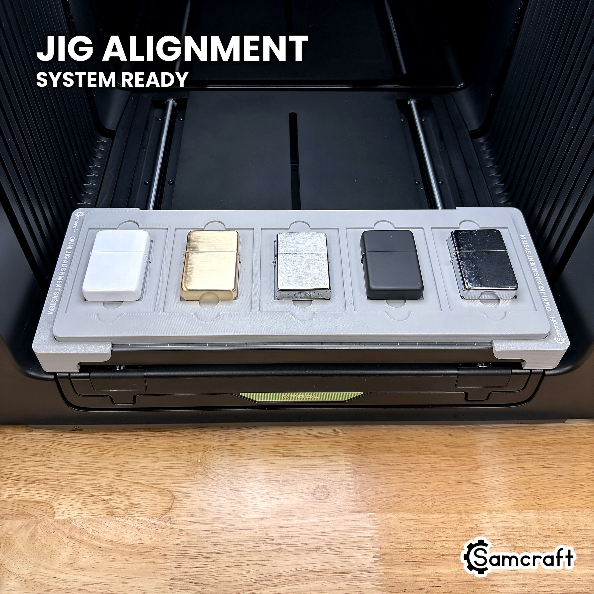 Samcraft lighter jig seated in the optional Samcraft Omni Jig Alignment System, the alignment system lettering visible along both long edges.