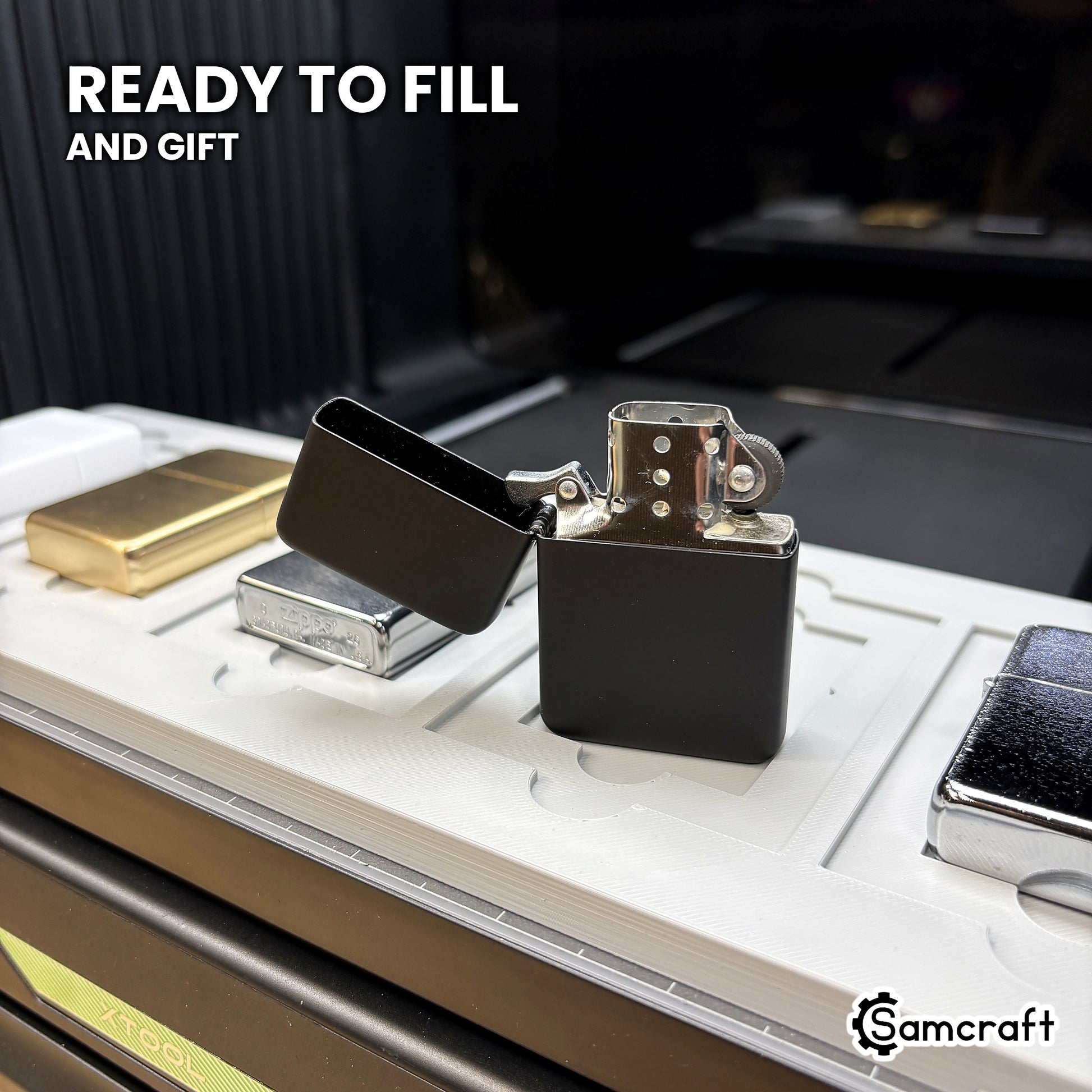 An open flip top lighter case with its insert, beside printed cases in the Samcraft xTool Omni lighter jig, ready to fill and gift.