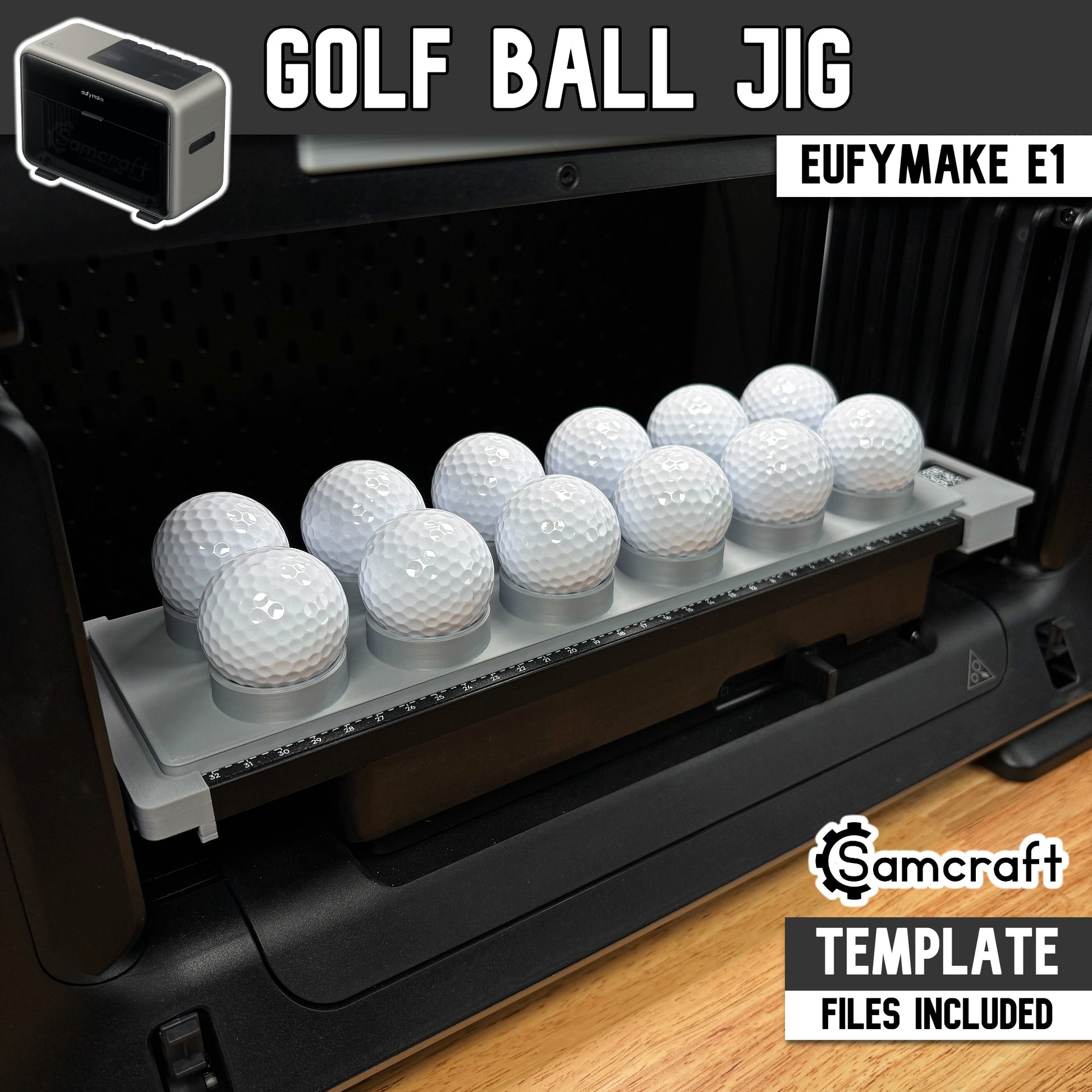Main product image of the Samcraft Golf Ball Jig for the eufyMake E1 UV printer, showing a row of white golf balls in a gray tray; template files included.